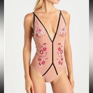 MinkPink Devoted Mesh One Piece Plunge Swimsuit XS Nude Sexy Floral NWT